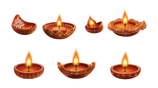 Pack Diwali Diya Set Against Transparent Background for Festival Branding, Religious Illustration, or Holiday Promotion