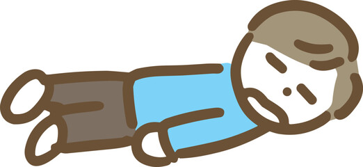 無気力な顔で倒れている私服の若い男性(全身)