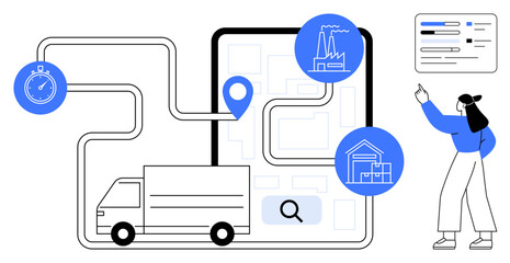 Fototapeta premium Delivery truck on a mapped route with location markers linked to a factory and warehouse. Person analyzing logistic data. Ideal for supply chain management, delivery tracking, business logistics