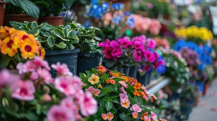 Naklejka premium Flowers for sale in garden centre, Augsburg, Bavaria, Germany
