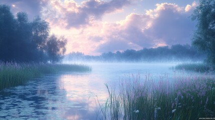 Fototapeta premium A serene landscape featuring a misty river surrounded by lush greenery and soft clouds illuminated by dawn light.