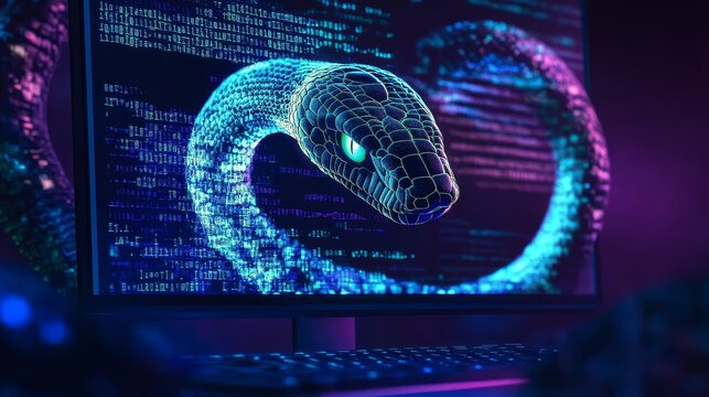 A huge alive python snake python code with a digital snake out of the laptop screen, programming, representing the programming training data engineering