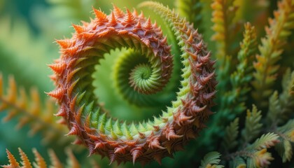 Fern Frond Unfurling with Spiral Pattern in Natural Green and Orange Light