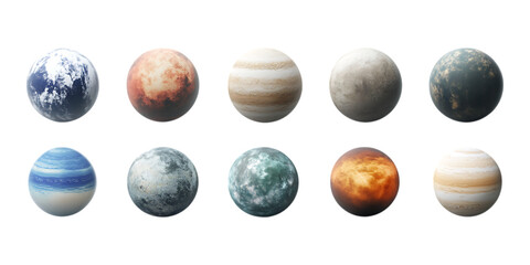 Pack Exoplanet Set in Different Poses Against Transparent Background for Space Exploration, Sci-Fi Concepts, or Astronomical Research