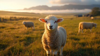 Obraz premium Agriculture farm concept picture of a flock of relaxing sheep grazing in livestock pasture field. 