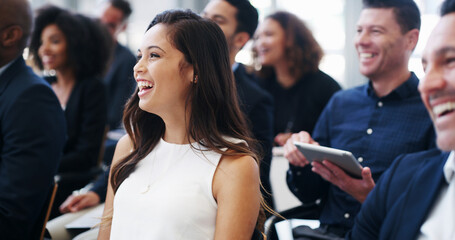 Business, presentation and woman with laughing in audience for finance joke, ice breaker or...