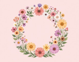 Floral Wreath with Colorful Flowers and Green Leaves on Pink Background