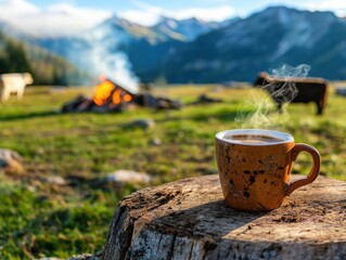 A steaming cup of coffee sits on a stump, with a campfire and mountains in the background, creating a serene outdoor atmosphere.