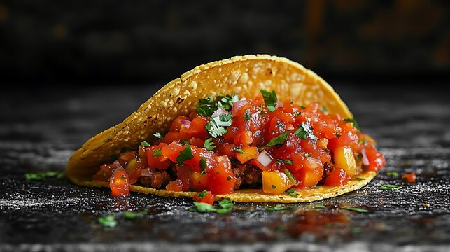 A monochrome taco with selective color on the fresh red salsa, extreme close-up shot, moody lighting, high contrast emphasizing crispy shell and soft fillings, fine art food photography aesthetic.