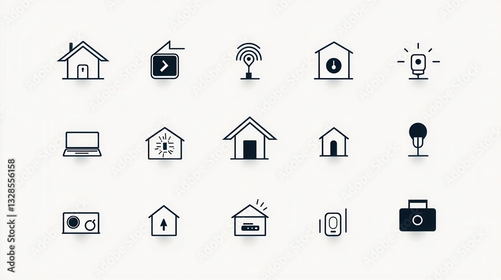 Poster a set of simple minimalist line icons representing various smart home technologies and features for 