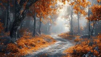 A serene forest path with vibrant orange foliage, illuminated by soft sunlight filtering through the trees, creating a mystical atmosphere.