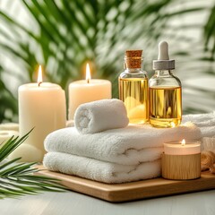 Luxury spa set with scented candles, essential oils, and plush towels