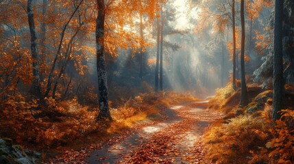 A serene autumn forest path illuminated by soft sunlight, surrounded by vibrant orange foliage and gentle mist.