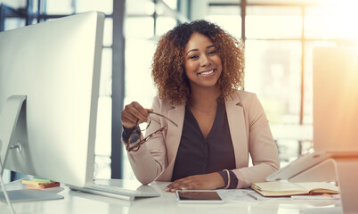 Happy, portrait and business woman with computer or glasses for job, career or intuition at office. Female person, accountant or employee with smile for corporate insight or development at workplace
