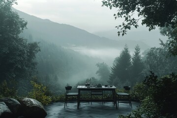 Obraz premium Misty mountain view from a secluded table setting.