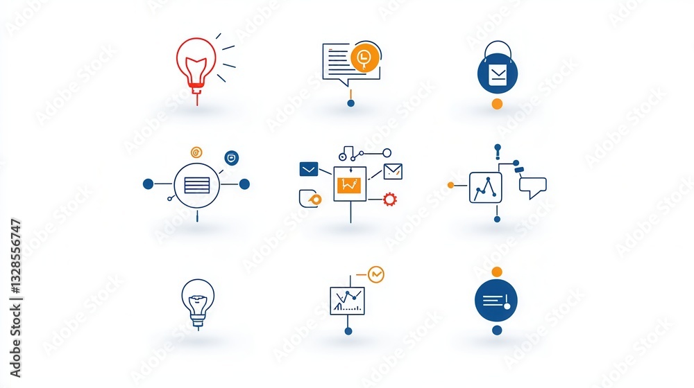 Poster This image showcases a collection of modern minimalist workflow icons that are designed to be visually balanced and representative of various business processes and technologies