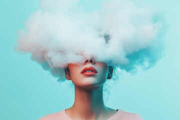 Surreal portrait of a woman with clouds obscuring her face against a teal background.
