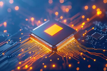 Close-up of a microprocessor with glowing circuitry, symbolizing technology and innovation.