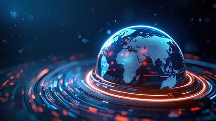 Futuristic digital globe with glowing lines and data points, depicting global connectivity.