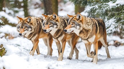 Naklejka premium Majestic Trio: Wolves in Winter Wonderland