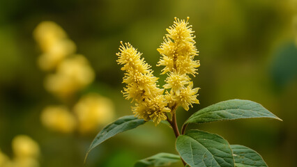 flowering plant with bright yellow spiky blooms and green leaves