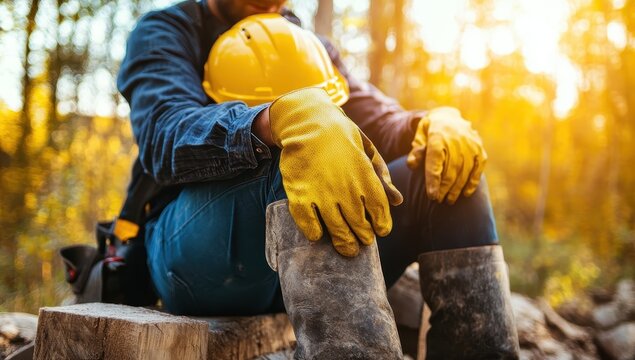 Worker resting in nature, wearing safety gear and sitting on logs during a sunny day. - Powered by Adobe