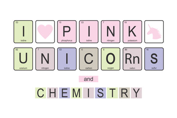 chemical elements of periodic table, funny phrase - I love pink unicorns and chemistry, design isolated on white background. Unicorn silhouette, pink heart and letters