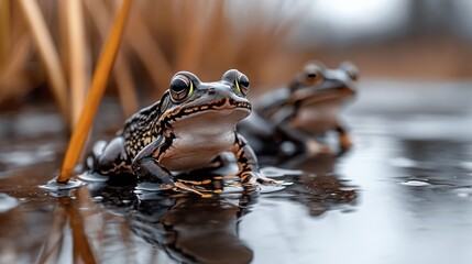 Fototapeta premium Two frogs sitting in the water