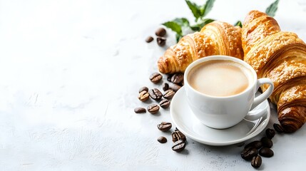 Coffee in cup and croissant on white background