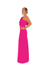 Stylish young woman wearing fashionable long dress, gown for evening event, cocktail or party side view. Gorgeous girl in luxury clothes. Realistic vector illustration isolated