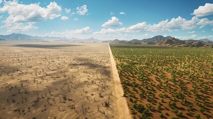 Dramatic climate change, contrasting landscape showing desert and greenery
