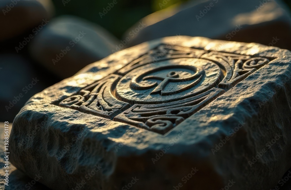 Poster exploring the intricate stone carvings at a tranquil outdoor setting