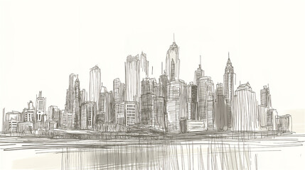 Fototapeta premium Hand-drawn sketch of city skyline with skyscrapers reflected in water. Urban architectural illustration with line art style creating minimal monochrome design with space for business branding.