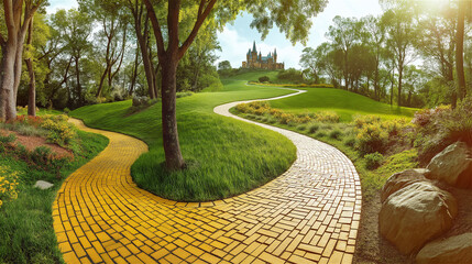 Fototapeta premium Winding yellow brick road through lush green landscape with trees lining curved pathway. Idyllic garden scene with paved stones creating fairy tale atmosphere with space for journey or adventure text.