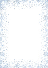 Abstract Christmas frame with blue and silver snowflakes border and copy space for text. Winter snow. Overlay, banner, cover. Hand drawn vector illustration isolated 