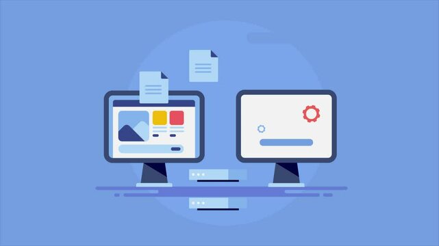Website data migration, sending files to cloud hosting server, upgrade to new cloud server address information technology e-business concept.