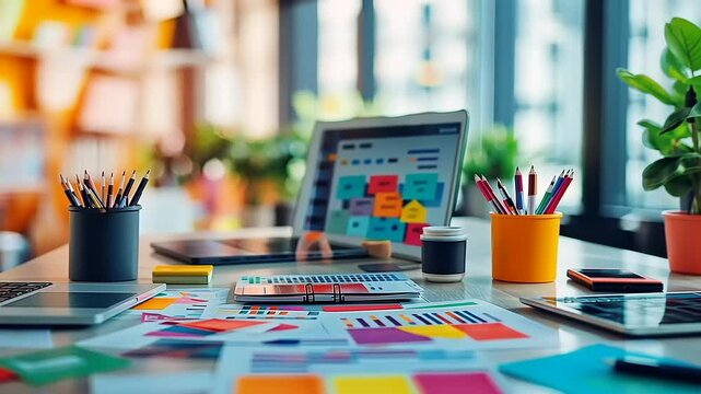 Modern workspace featuring colorful sticky notes, laptops, and vibrant stationery in a bright office