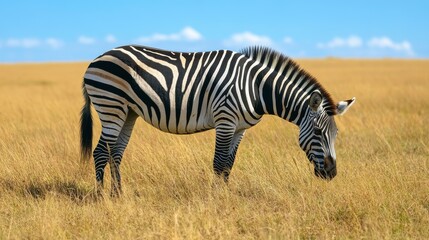 Fototapeta premium A zebra grazes peacefully in a golden grassland under a clear blue sky, showcasing its distinctive black and white stripes.