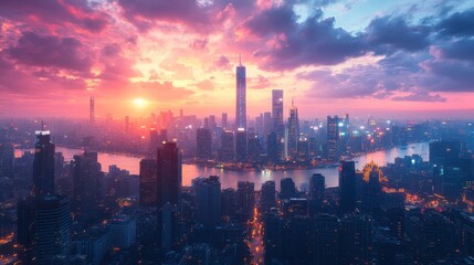 Fototapeta premium A breathtaking sunset over a vibrant city skyline, reflecting colors on the water, showcasing towering buildings against a dramatic sky.