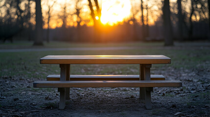 Empty park picnic table at sunset