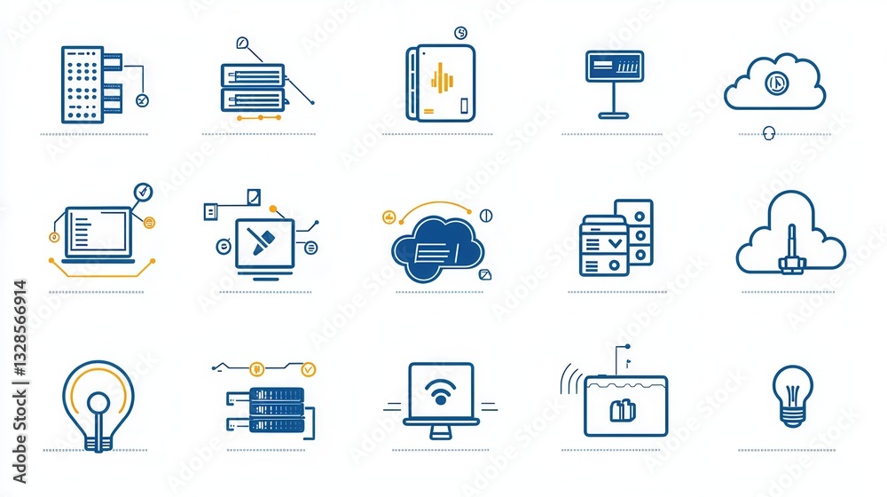 Poster a set of outline icons representing various elements related to cloud computing and data center infr