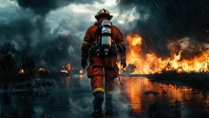Fototapeta premium Brave firefighter walking through burning landscape during heavy rainstorm showcasing courage and determination against raging wildfire