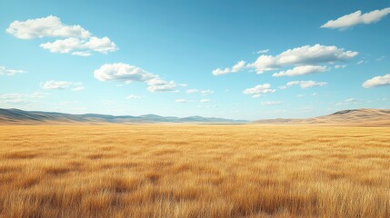 Obraz premium A vast golden grassland stretches under a bright blue sky dotted with fluffy clouds, creating a serene and expansive landscape.