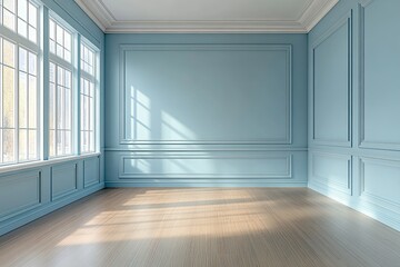 Obraz premium Sunlit Elegant Room Interior Design: Blue Walls, Wood Floor, Large Windows, Classic Molding, Home Decor Inspiration