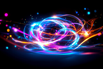 Obraz premium Vibrant glowing orbs of light swirling in perfect harmony, creating mesmerizing patterns like a choreographed dance of fluid motion and energy