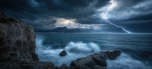 Fototapeta premium Ocean Waves Crashing Against Rocky Coast During Dramatic Lightning Storm