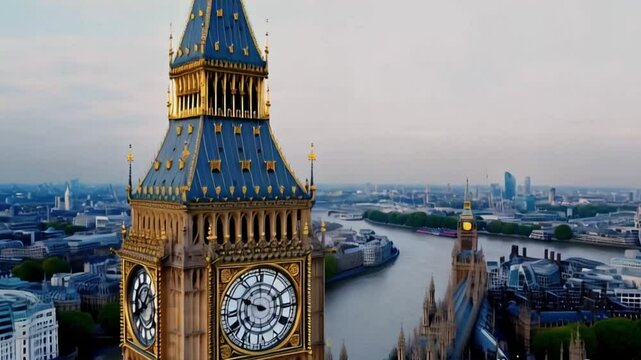 Parallax aerial drone video close up of Big Ben with London in background