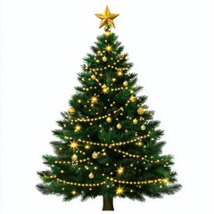 Festive Christmas Tree with Gold Ornaments and Sparkling Lights on a White Background