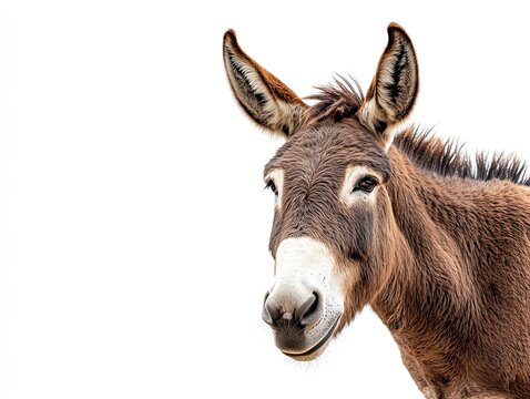 Intimate portrait of a brown donkey against a clean white backdrop