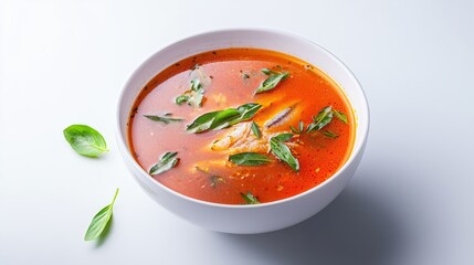 Hot and spicy tom som pla krabueang southern thai soup garnished with fresh basil leaves in a rustic bowl